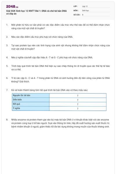 Giải SGK Sinh học 12 KNTT Bài 1: DNA và chế tái bản DNA có đáp án