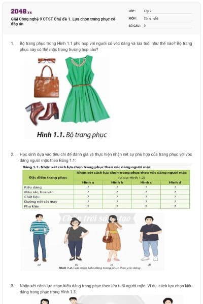 Giải Công nghệ 9 CTST Chủ đề 1. Lựa chọn trang phục có đáp án
