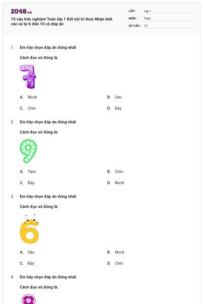 15 câu trắc nghiệm Toán lớp 1 Kết nối tri thức Nhận biết các số từ 6 đến 10 có đáp án