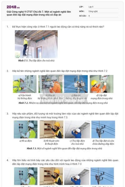 Giải Công nghệ 9 CTST Chủ đề 7. Một số ngành nghề liên quan đến lắp đặt mạng điện trong nhà có đáp án