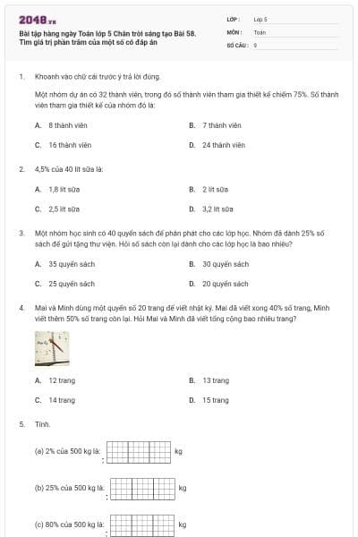 Bài tập hàng ngày Toán lớp 5 Chân trời sáng tạo Bài 58. Tìm giá trị phần trăm của một số có đáp án