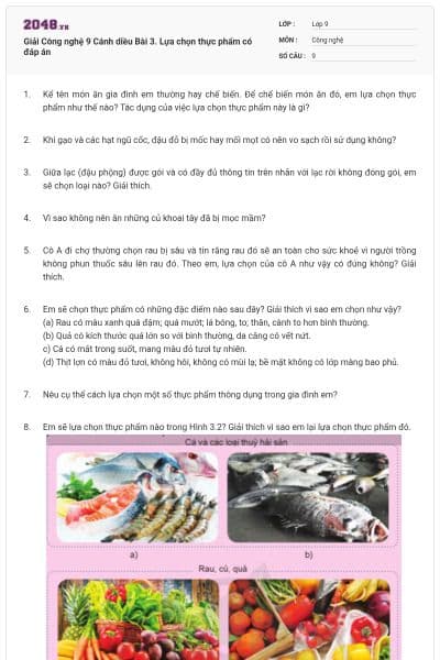 Giải Công nghệ 9 Cánh diều Bài 3. Lựa chọn thực phẩm có đáp án