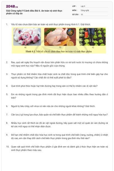 Giải Công nghệ 9 Cánh diều Bài 6. An toàn vệ sinh thực phẩm có đáp án
