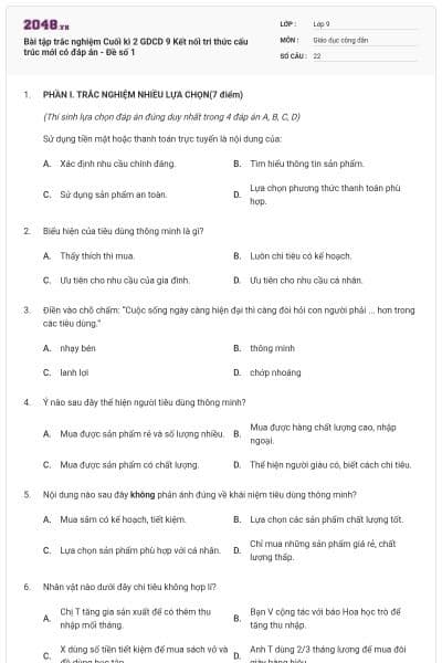 Bài tập trắc nghiệm Cuối kì 2 GDCD 9 Kết nối tri thức cấu trúc mới có đáp án - Đề số 1