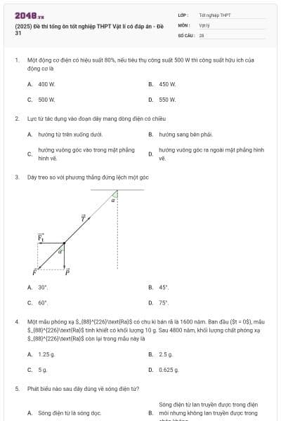 (2025) Đề thi tổng ôn tốt nghiệp THPT Vật lí có đáp án - Đề 31