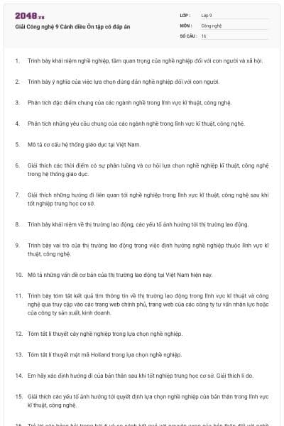 Giải Công nghệ 9 Cánh diều Ôn tập có đáp án