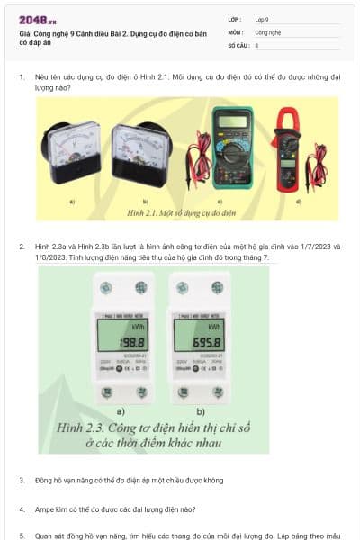 Giải Công nghệ 9 Cánh diều Bài 2. Dụng cụ đo điện cơ bản có đáp án