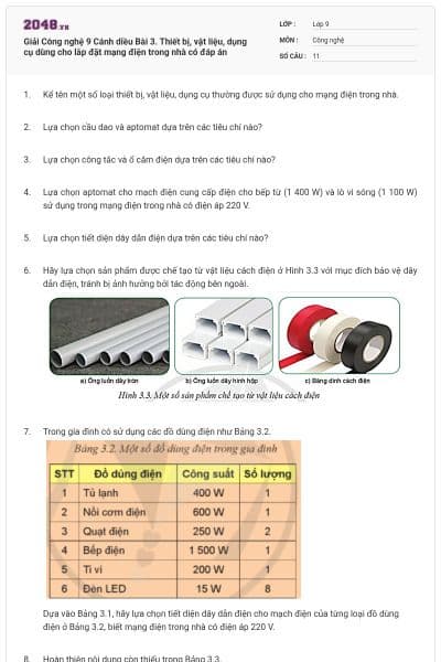 Giải Công nghệ 9 Cánh diều Bài 3. Thiết bị, vật liệu, dụng cụ dùng cho lắp đặt mạng điện trong nhà có đáp án