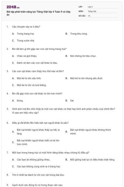 Bài tập phát triển năng lực Tiếng Việt lớp 4 Tuần 9 có đáp án