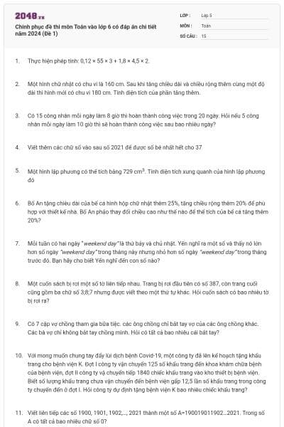 Chinh phục đề thi môn Toán vào lớp 6 có đáp án chi tiết năm 2024 (Đề 1)