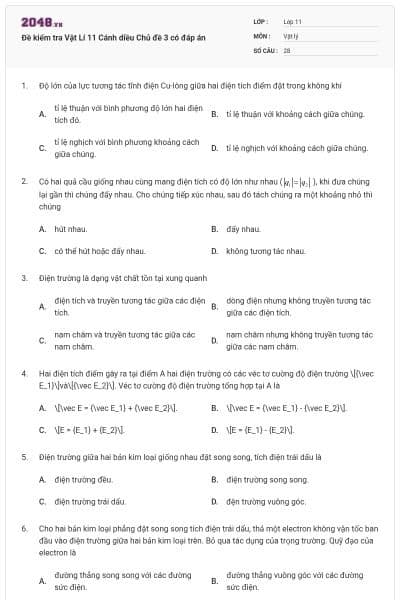 Đề kiểm tra Vật Lí 11 Cánh diều Chủ đề 3 có đáp án