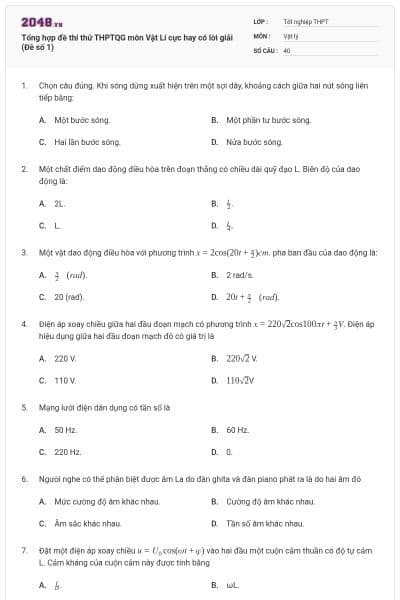 Tổng hợp đề thi thử THPTQG môn Vật Lí cực hay có lời giải (Đề số 1)