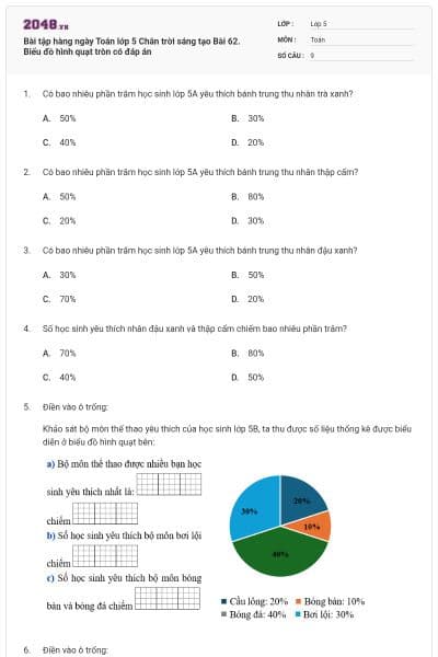 Bài tập hàng ngày Toán lớp 5 Chân trời sáng tạo Bài 62. Biểu đồ hình quạt tròn có đáp án