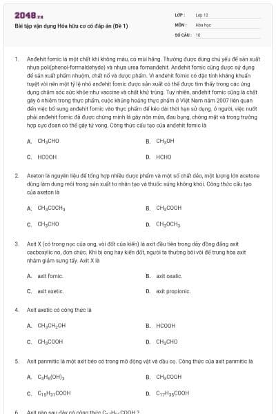 Bài tập vận dụng Hóa hữu cơ có đáp án (Đề 1)