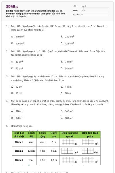 Bài tập hàng ngày Toán lớp 5 Chân trời sáng tạo Bài 65. Diện tích xung quanh và diện tích toàn phần của hình hộp chữ nhật có đáp án