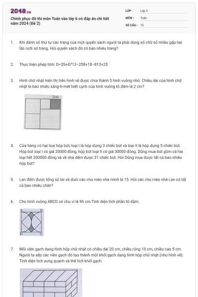 Chinh phục đề thi môn Toán vào lớp 6 có đáp án chi tiết năm 2024 (Đề 2)