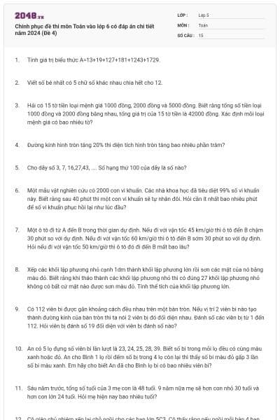 Chinh phục đề thi môn Toán vào lớp 6 có đáp án chi tiết năm 2024 (Đề 4)