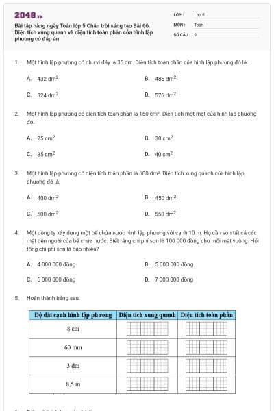 Bài tập hàng ngày Toán lớp 5 Chân trời sáng tạo Bài 66. Diện tích xung quanh và diện tích toàn phần của hình lập phương có đáp án