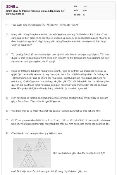 Chinh phục đề thi môn Toán vào lớp 6 có đáp án chi tiết năm 2024 (Đề 5)