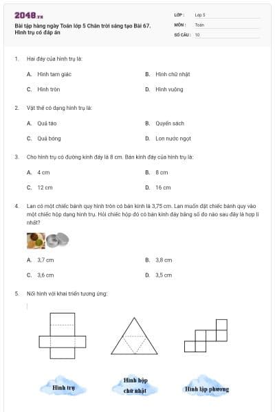 Bài tập hàng ngày Toán lớp 5 Chân trời sáng tạo Bài 67. Hình trụ có đáp án