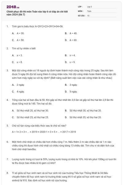 Chinh phục đề thi môn Toán vào lớp 6 có đáp án chi tiết năm 2024 (Đề 7)