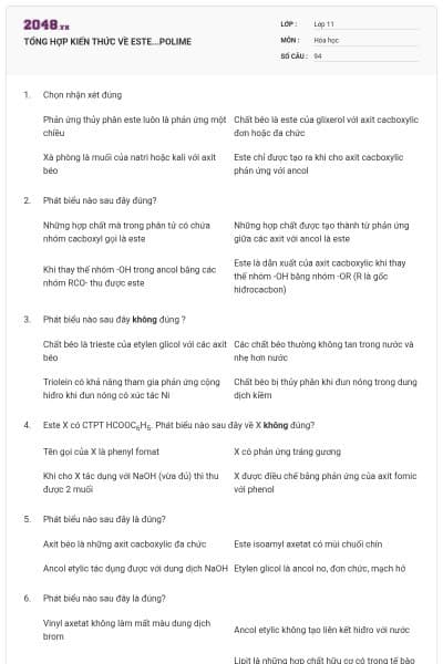TỔNG HỢP KIẾN THỨC VỀ ESTE...POLIME