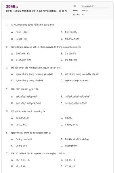 Đề thi Học Kì 2 môn hóa lớp 12 cực hay có lời giải (Đề số 4)