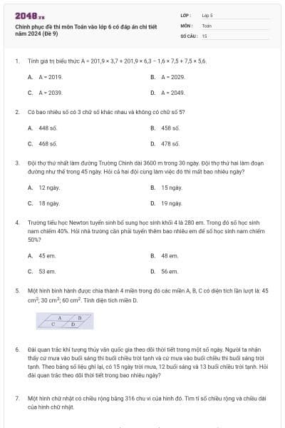 Chinh phục đề thi môn Toán vào lớp 6 có đáp án chi tiết năm 2024 (Đề 9)