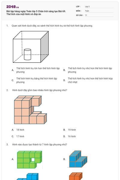 Bài tập hàng ngày Toán lớp 5 Chân trời sáng tạo Bài 69. Thể tích của một hình có đáp án