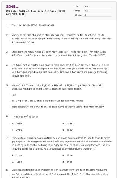 Chinh phục đề thi môn Toán vào lớp 6 có đáp án chi tiết năm 2024 (Đề 10)
