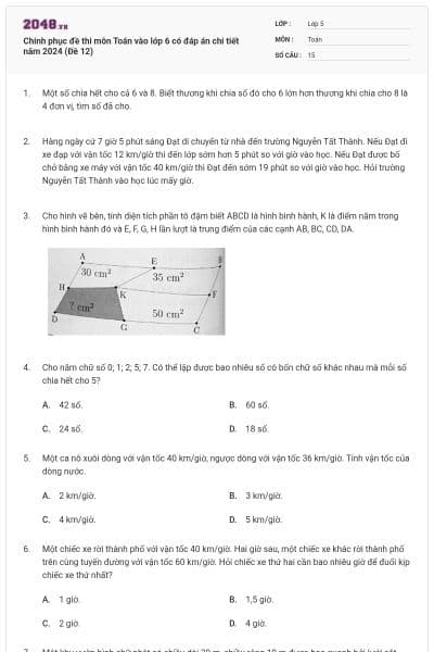 Chinh phục đề thi môn Toán vào lớp 6 có đáp án chi tiết năm 2024 (Đề 12)