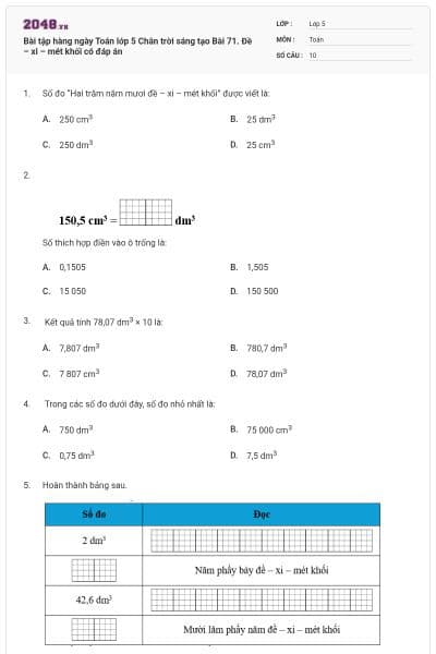Bài tập hàng ngày Toán lớp 5 Chân trời sáng tạo Bài 71. Đề – xi – mét khối có đáp án