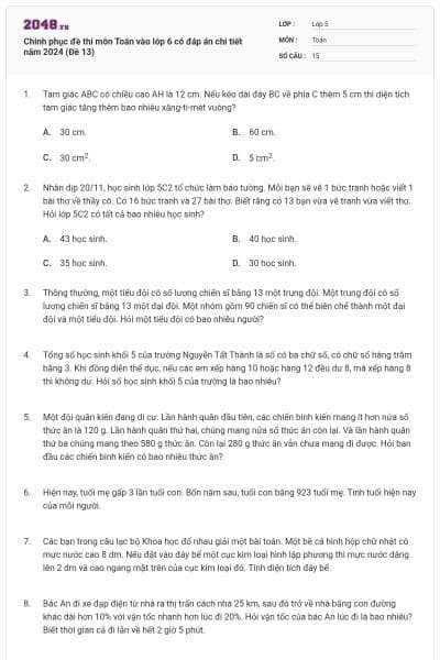 Chinh phục đề thi môn Toán vào lớp 6 có đáp án chi tiết năm 2024 (Đề 13)