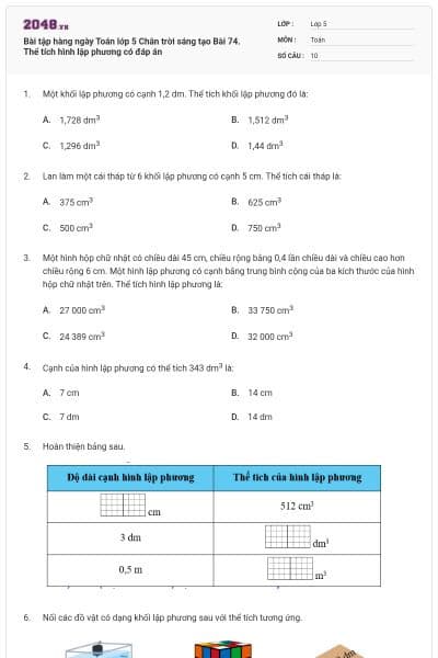 Bài tập hàng ngày Toán lớp 5 Chân trời sáng tạo Bài 74. Thể tích hình lập phương có đáp án