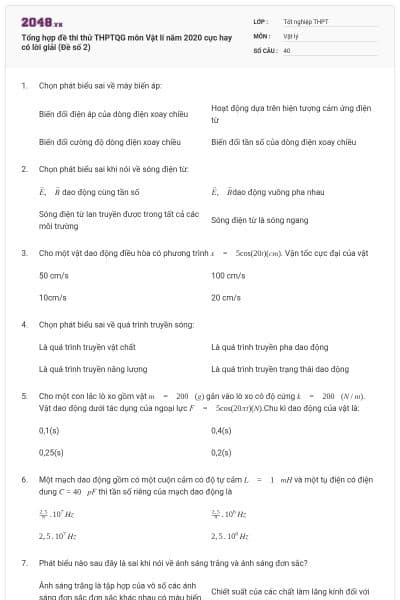 Tổng hợp đề thi thử THPTQG môn Vật lí năm 2020 cực hay có lời giải (Đề số 2)