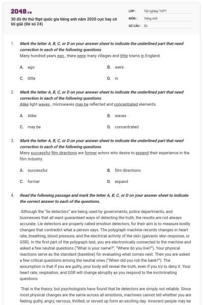 30 đề thi thử thpt quốc gia tiếng anh năm 2020 cực hay có lời giải (Đề số 24)