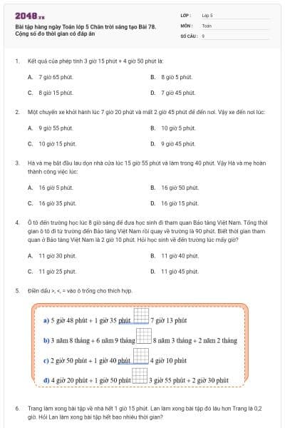 Bài tập hàng ngày Toán lớp 5 Chân trời sáng tạo Bài 78. Cộng số đo thời gian có đáp án