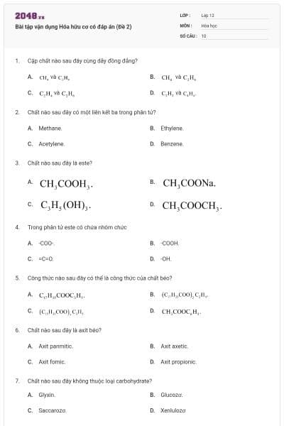 Bài tập vận dụng Hóa hữu cơ có đáp án (Đề 2)