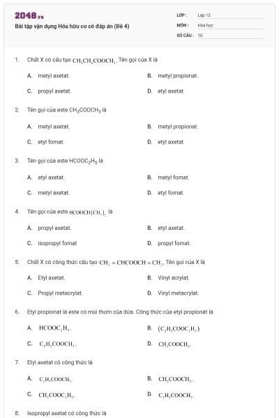 Bài tập vận dụng Hóa hữu cơ có đáp án (Đề 4)
