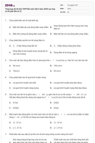 Tổng hợp đề thi thử THPTQG môn Vật lí năm 2020 cực hay có lời giải (Đề số 2)