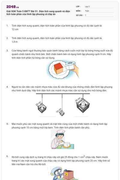 Giải SGK Toán 5 KNTT Bài 51. Diện tích xung quanh và diện tích toàn phần của hình lập phương có đáp án