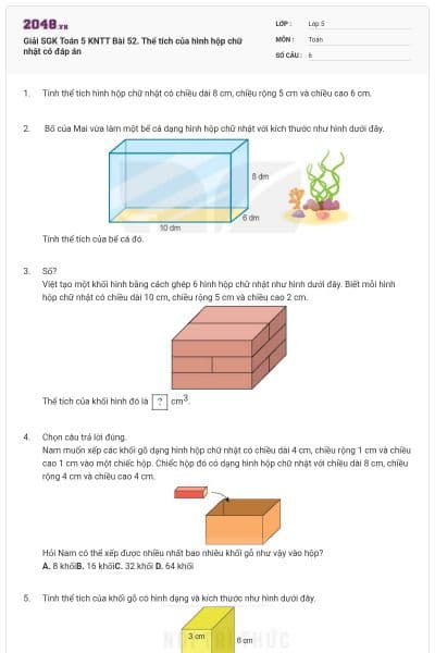 Giải SGK Toán 5 KNTT Bài 52. Thể tích của hình hộp chữ nhật có đáp án