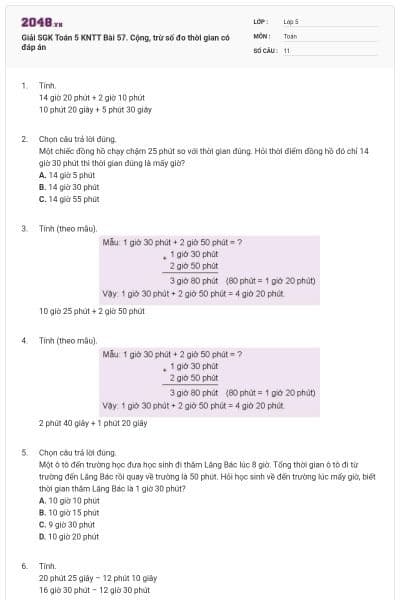 Giải SGK Toán 5 KNTT Bài 57. Cộng, trừ số đo thời gian có đáp án