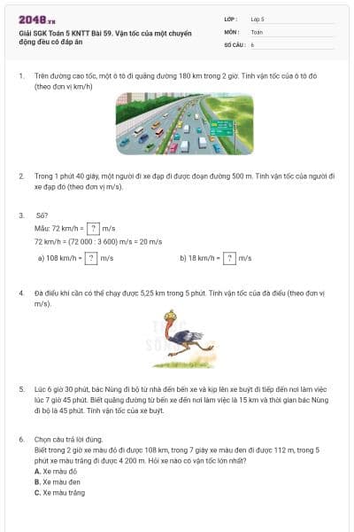 Giải SGK Toán 5 KNTT Bài 59. Vận tốc của một chuyển động đều có đáp án