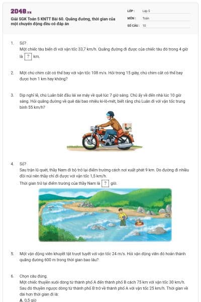 Giải SGK Toán 5 KNTT Bài 60. Quãng đường, thời gian của một chuyển động đều có đáp án
