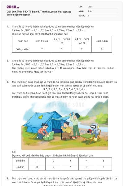 Giải SGK Toán 5 KNTT Bài 63. Thu thập, phân loại, sắp xếp các số liệu có đáp án