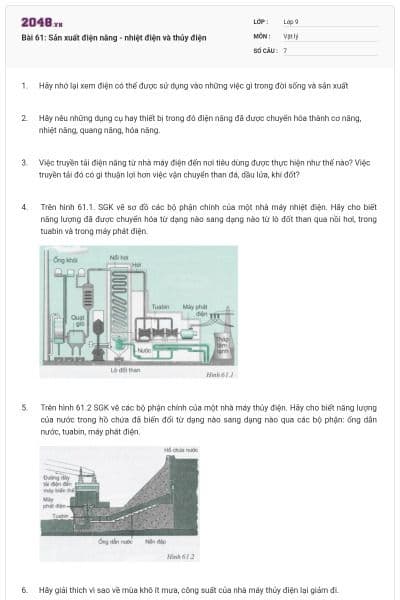 Bài 61: Sản xuất điện năng - nhiệt điện và thủy điện