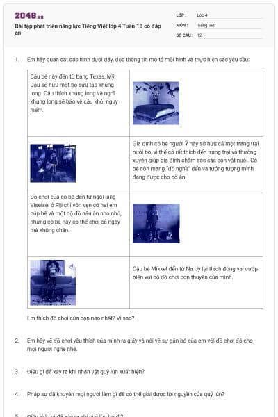 Bài tập phát triển năng lực Tiếng Việt lớp 4 Tuần 10 có đáp án