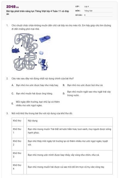 Bài tập phát triển năng lực Tiếng Việt lớp 4 Tuần 11 có đáp án