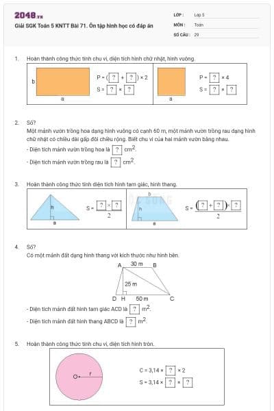 Giải SGK Toán 5 KNTT Bài 71. Ôn tập hình học có đáp án